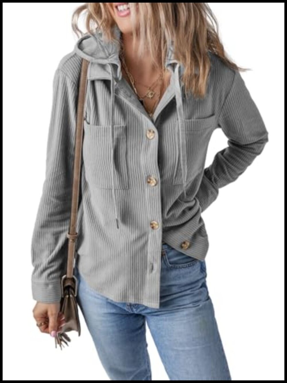Women's Corduroy Shacket Button Down Hooded Jacket Long Sleeve Casual Coat